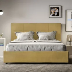 Letto 160x190 matrimoniale contenitore con giroletto imbottito in microfibra ocra LIT448