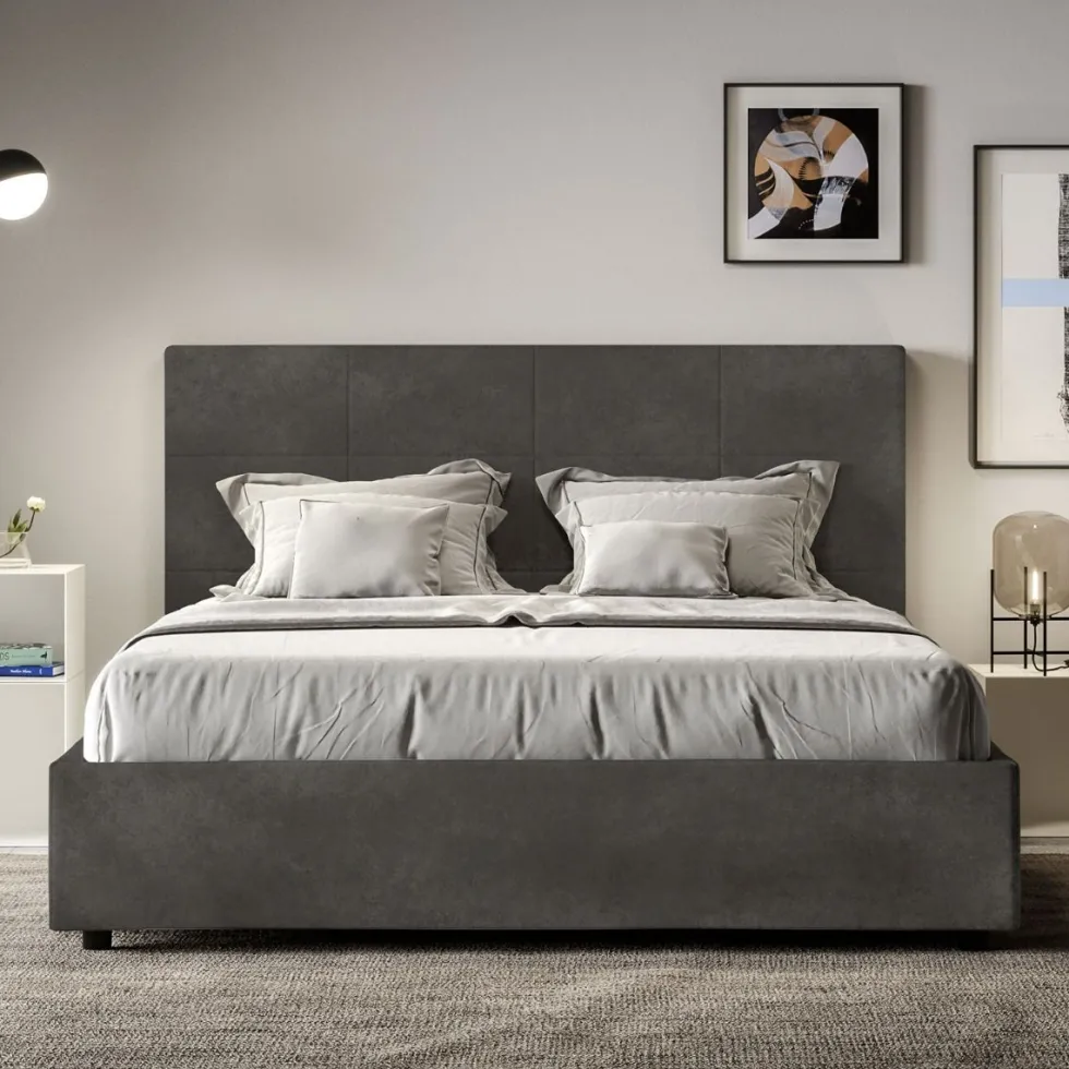 Letto 160x190 matrimoniale contenitore con giroletto imbottito in microfibra grigio LIT448