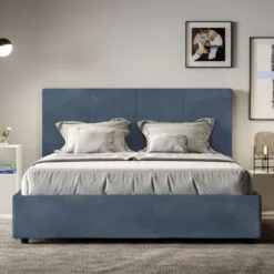 Letto 160x190 matrimoniale contenitore con giroletto imbottito in microfibra blu LIT448