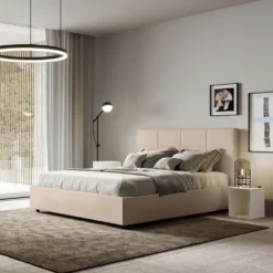Letto 160x190 matrimoniale contenitore con giroletto imbottito in similpelle tortora LIT446
