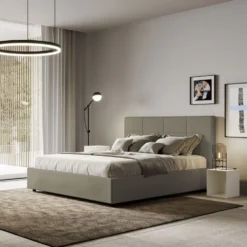 Letto 160x190 matrimoniale contenitore con giroletto imbottito in similpelle cappuccino LIT446