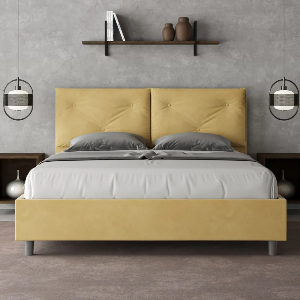 Letto 160x200 matrimoniale contenitore con testiera imbottita con tre bottoni microfibra ocra LIT440