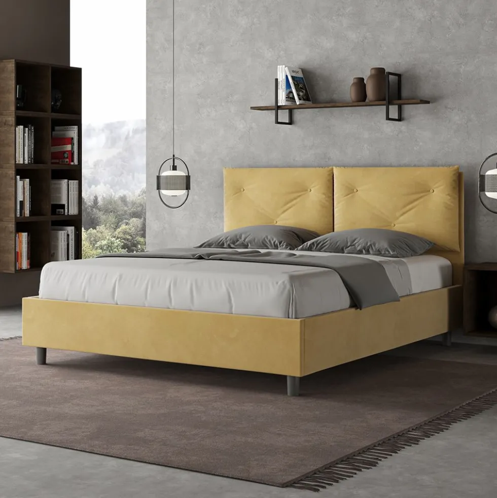 Letto 160x200 matrimoniale contenitore con testiera imbottita con tre bottoni microfibra ocra LIT440