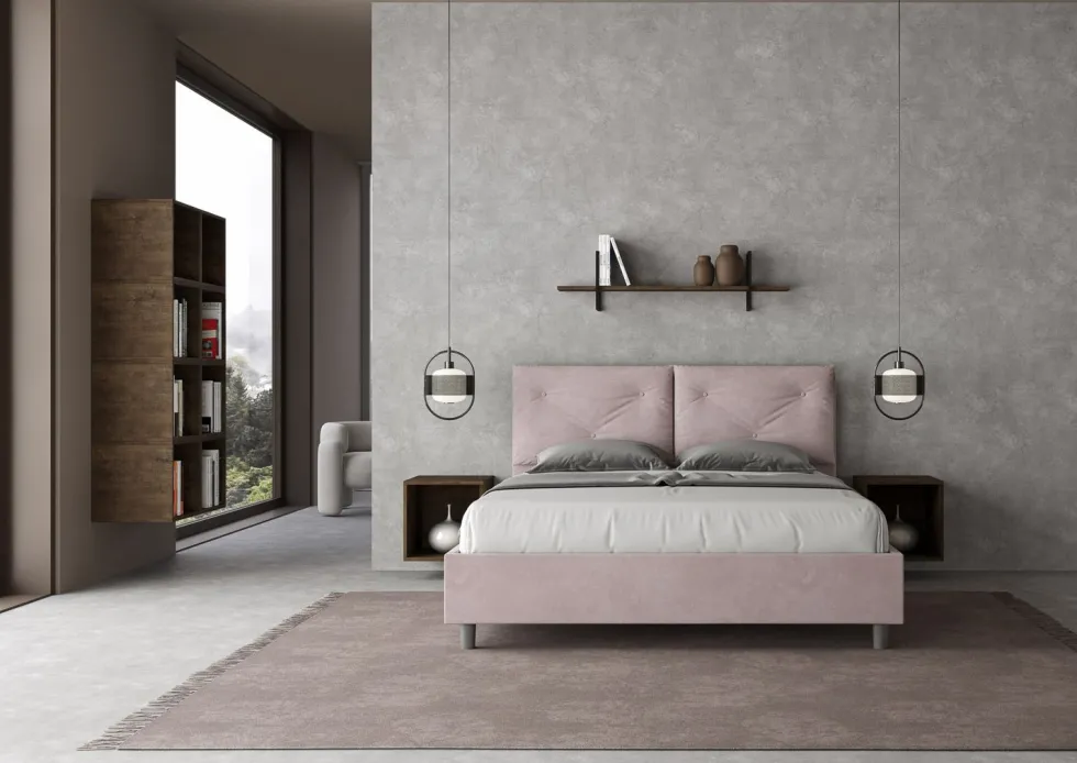 Letto 160x200 matrimoniale contenitore con testiera imbottita con tre bottoni microfibra glicine lilla LIT440