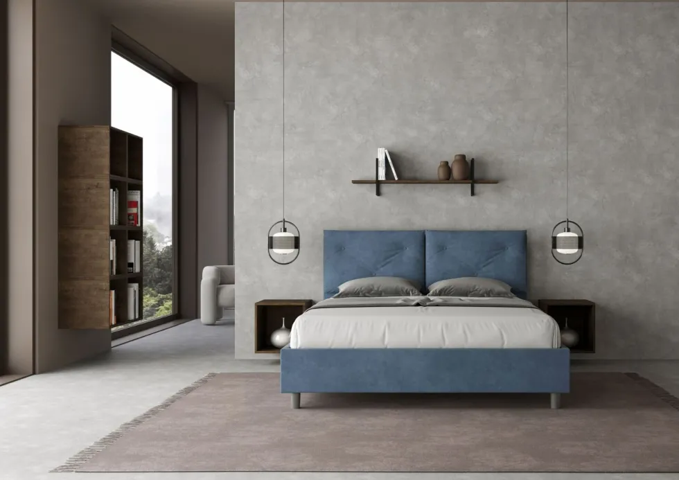 Letto 160x200 matrimoniale contenitore con testiera imbottita con tre bottoni microfibra blu LIT440
