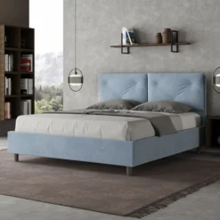 Letto 160x200 matrimoniale contenitore con testiera imbottita con tre bottoni microfibra azzurro LIT440