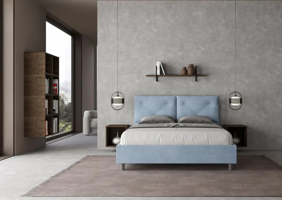 Letto 160x200 matrimoniale contenitore con testiera imbottita con tre bottoni microfibra azzurro LIT440