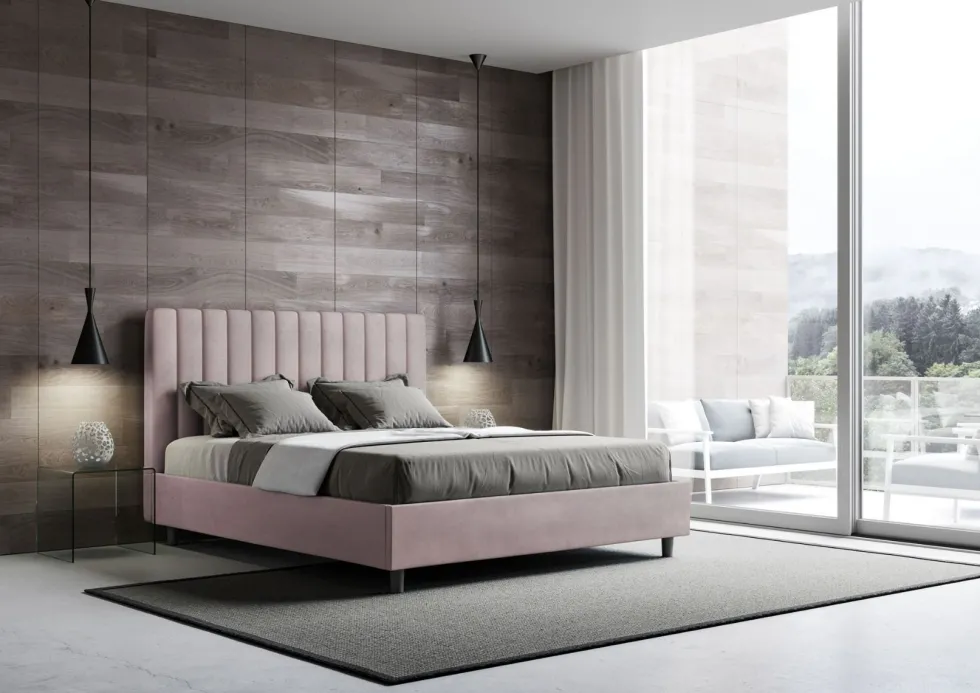 Letto 160x200 matrimoniale contenitore in microfibra con testiera effetto trapuntato glicine lilla LIT488