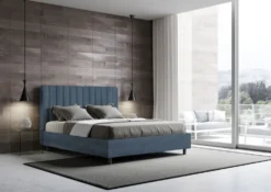 Letto 160x200 matrimoniale contenitore in microfibra con testiera effetto trapuntato blu LIT488