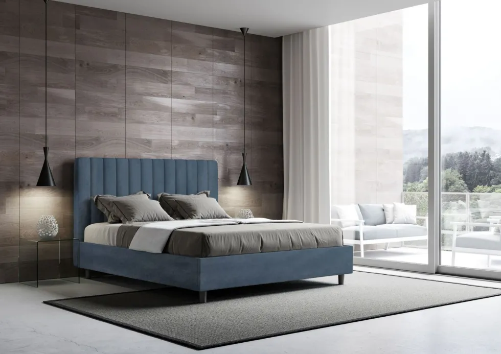 Letto 160x200 matrimoniale contenitore in microfibra con testiera effetto trapuntato blu LIT488