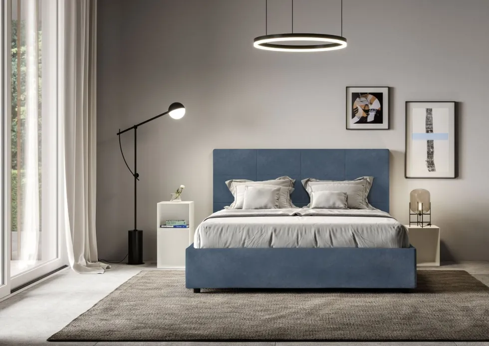 Letto 160x200 matrimoniale contenitore con giroletto imbottito in microfibra blu LIT452