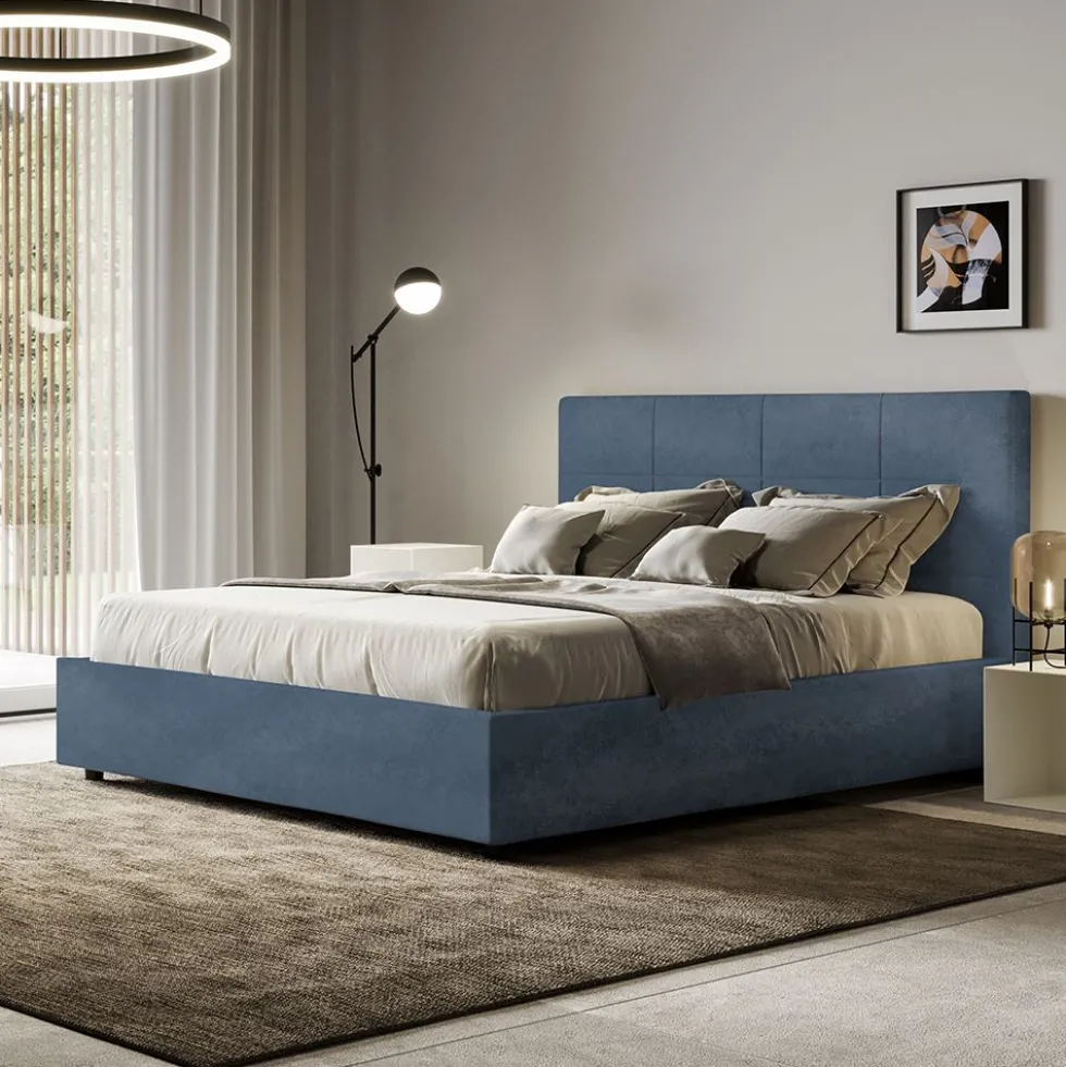 Letto 160x200 matrimoniale contenitore con giroletto imbottito in microfibra blu LIT452