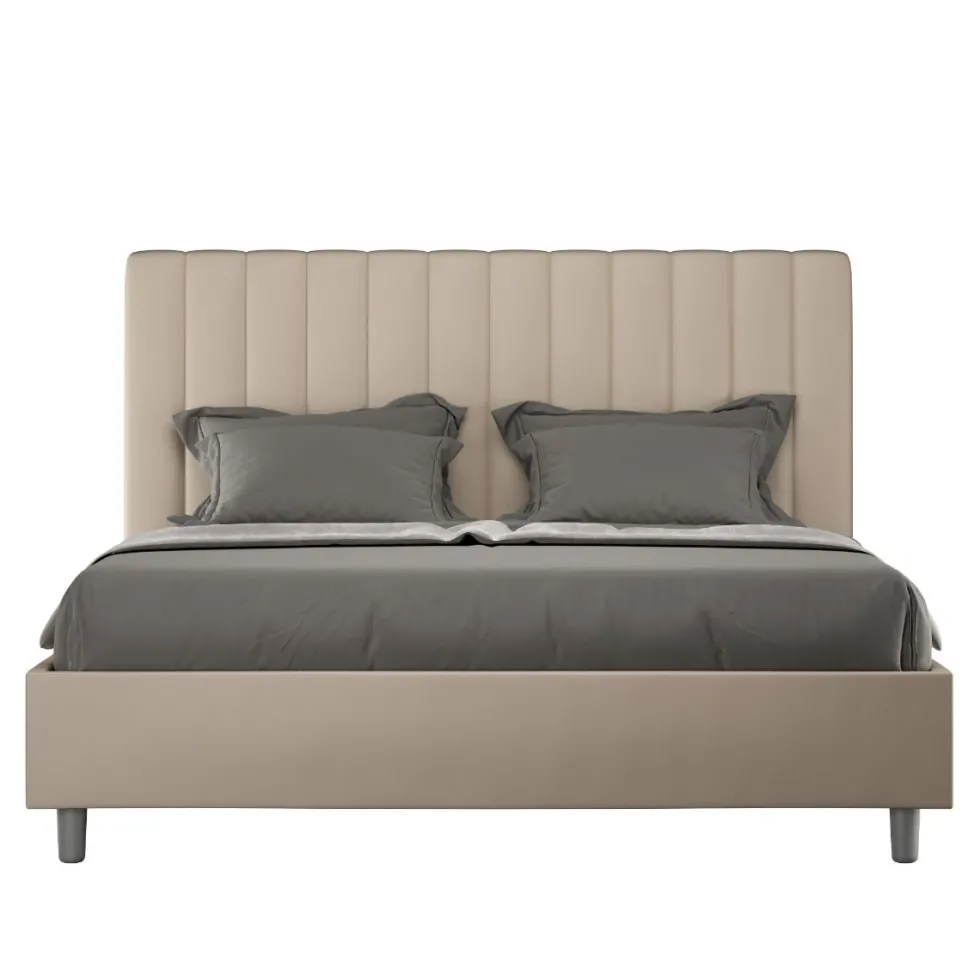 Letto 160x200 matrimoniale contenitore in similpelle con testiera effetto trapuntato tortora LIT486