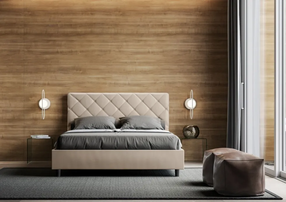 Letto 160x190 matrimoniale contenitore con testiera trapuntata design a rombo con bottoni tortora LIT470