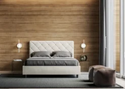 Letto 160x190 matrimoniale contenitore con testiera trapuntata design a rombo con bottoni bianco LIT470
