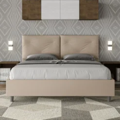 Letto 160x190 matrimoniale contenitore con testiera imbottita con tre bottoni similpelle tortora LIT434