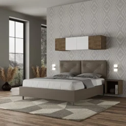 Letto 160x190 matrimoniale contenitore con testiera imbottita con tre bottoni similpelle cappuccino LIT434