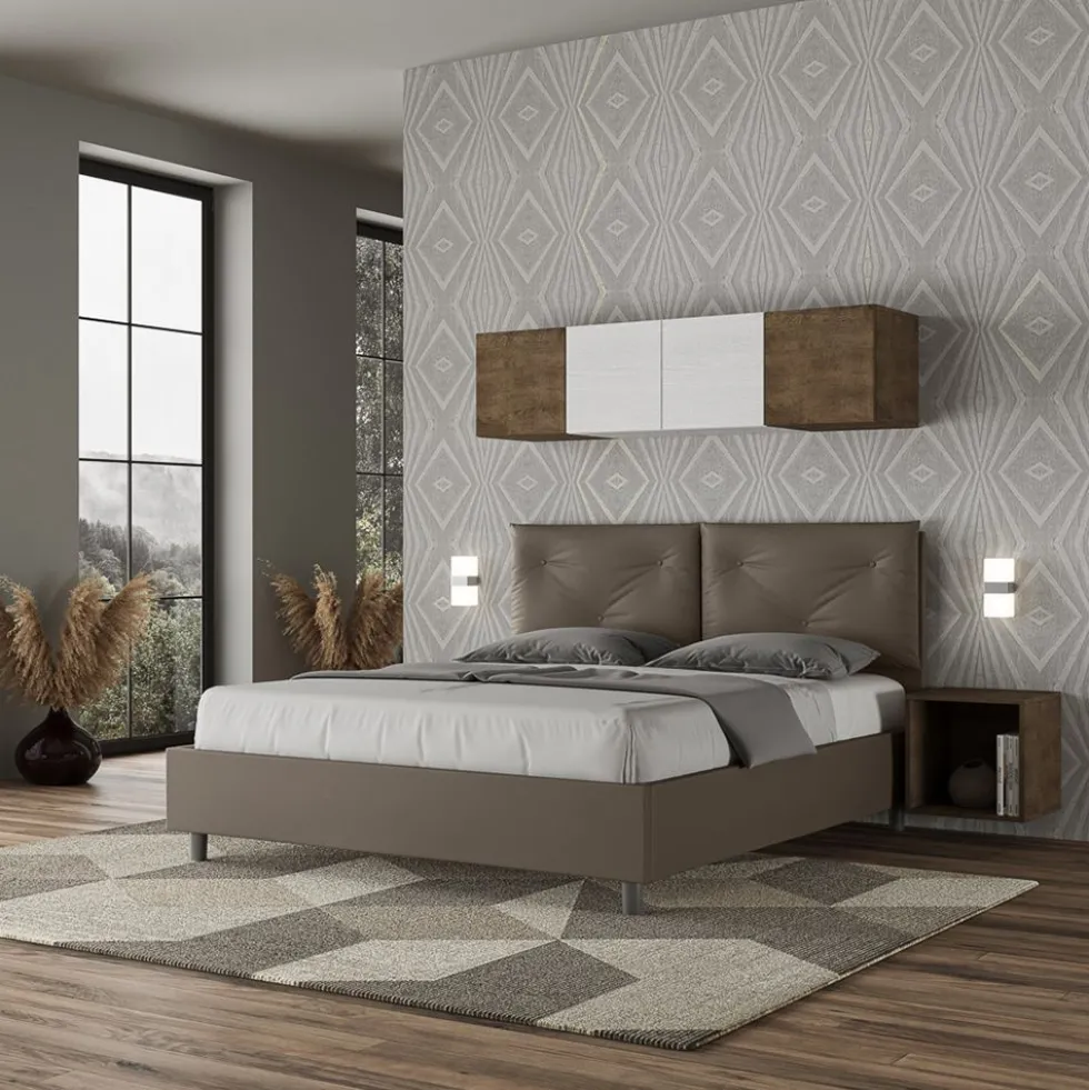 Letto 160x190 matrimoniale contenitore con testiera imbottita con tre bottoni similpelle cappuccino LIT434
