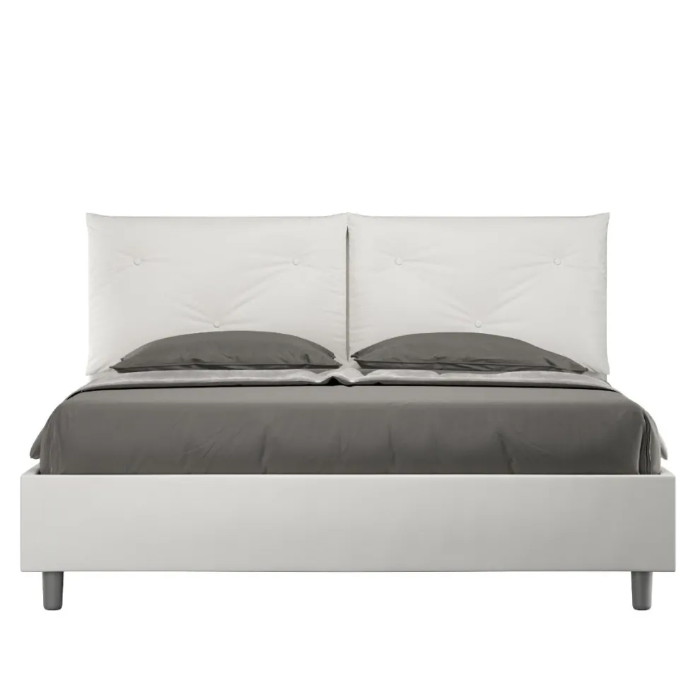 Letto 160x190 matrimoniale contenitore con testiera imbottita con tre bottoni similpelle bianco LIT434