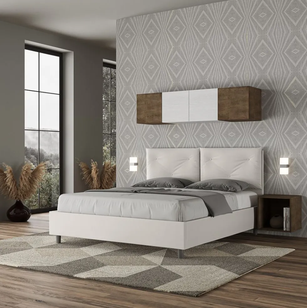 Letto 160x190 matrimoniale contenitore con testiera imbottita con tre bottoni similpelle bianco LIT434