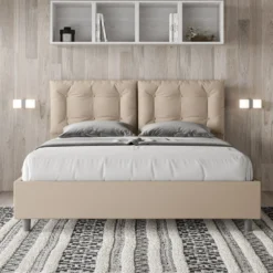 Letto 160x190 matrimoniale contenitore design trapuntato con testiera imbottita e bottoni tortora LIT428