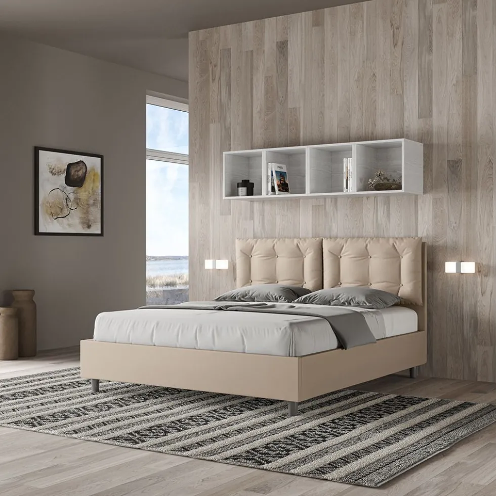 Letto 160x190 matrimoniale contenitore design trapuntato con testiera imbottita e bottoni tortora LIT428