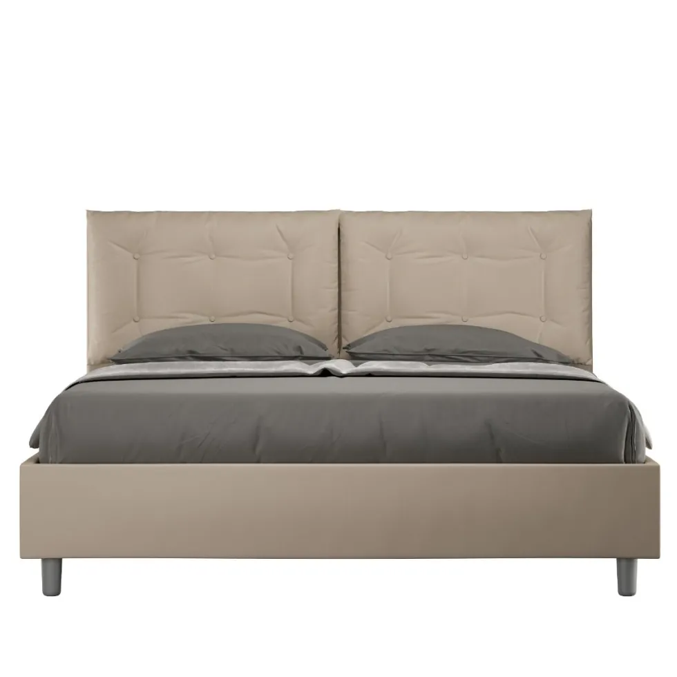 Letto 160x190 matrimoniale contenitore design trapuntato con testiera imbottita e bottoni tortora LIT428