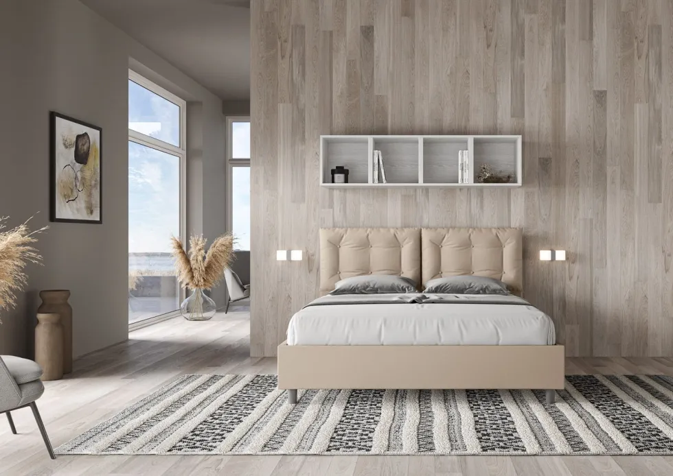 Letto 160x190 matrimoniale contenitore design trapuntato con testiera imbottita e bottoni tortora LIT428