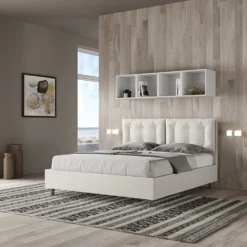 Letto 160x190 matrimoniale contenitore design trapuntato con testiera imbottita e bottoni bianco LIT428