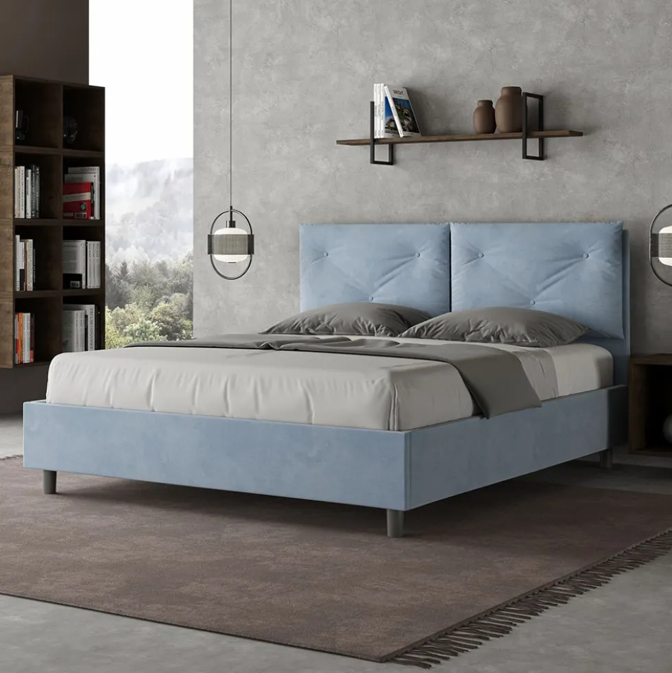 Letto 160x210 matrimoniale contenitore con testiera imbottita con tre bottoni microfibra azzurro LIT444