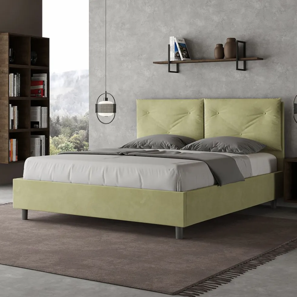 Letto 160x190 matrimoniale contenitore con testiera imbottita con tre bottoni microfibra tè verde LIT436