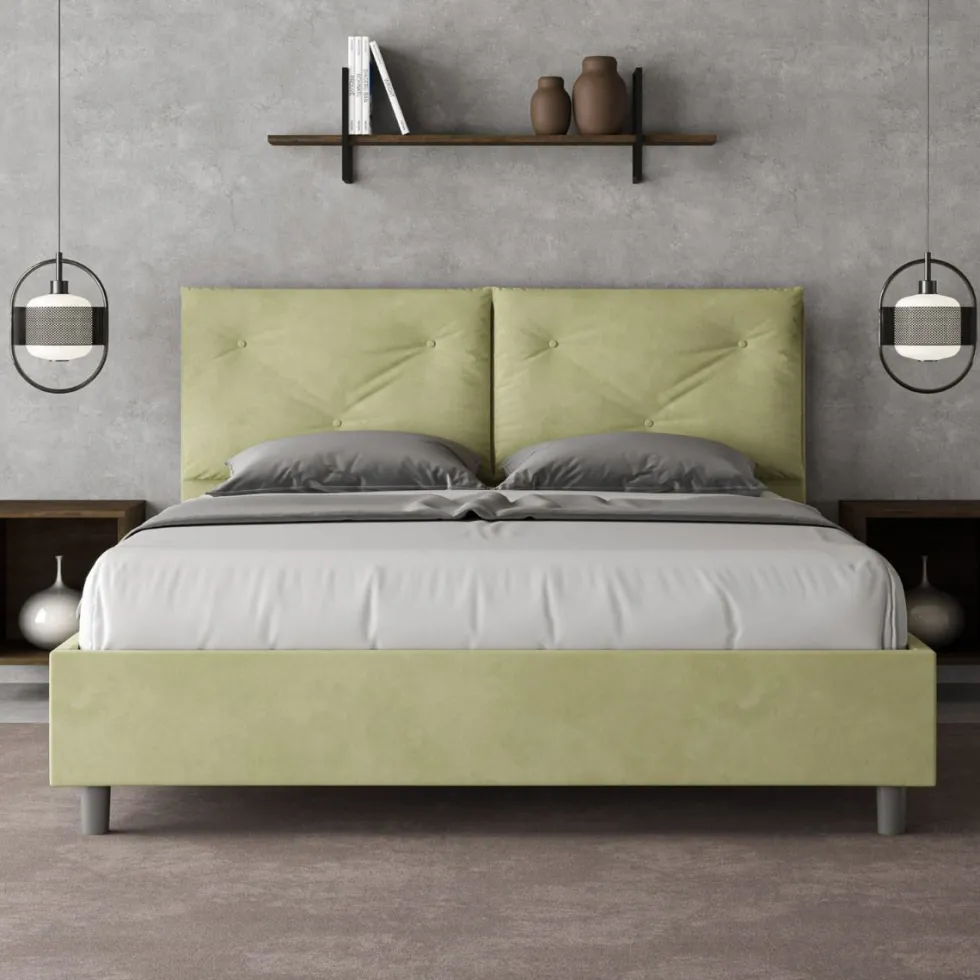 Letto 160x190 matrimoniale contenitore con testiera imbottita con tre bottoni microfibra tè verde LIT436