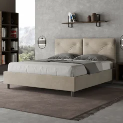 Letto 160x190 matrimoniale contenitore con testiera imbottita con tre bottoni microfibra sabbia beige LIT436