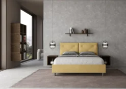 Letto 160x190 matrimoniale contenitore con testiera imbottita con tre bottoni microfibra ocra LIT436