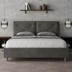 Letto 160x190 matrimoniale contenitore con testiera imbottita con tre bottoni microfibra grigio LIT436