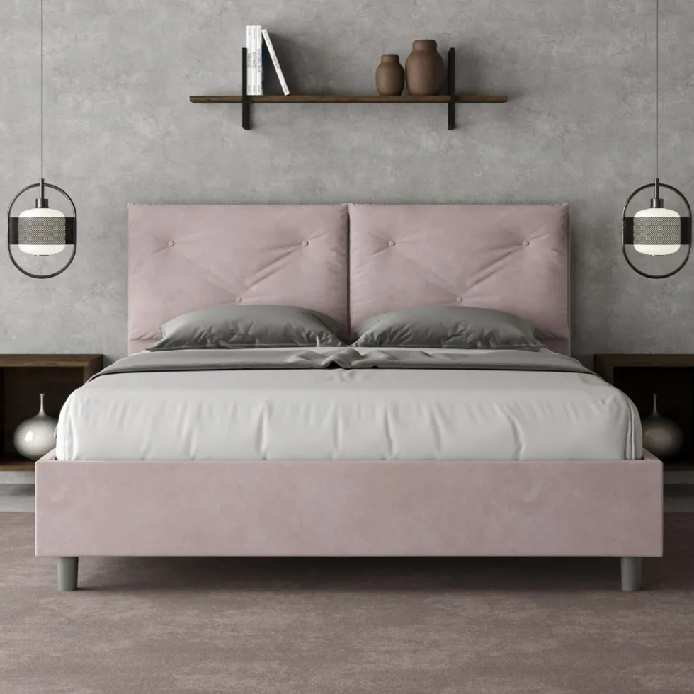 Letto 160x190 matrimoniale contenitore con testiera imbottita con tre bottoni microfibra glicine lilla LIT436