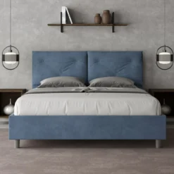 Letto 160x190 matrimoniale contenitore con testiera imbottita con tre bottoni microfibra blu LIT436