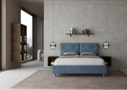 Letto 160x190 matrimoniale contenitore con testiera imbottita con tre bottoni microfibra blu LIT436