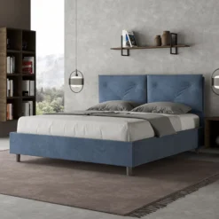 Letto 160x190 matrimoniale contenitore con testiera imbottita con tre bottoni microfibra blu LIT436