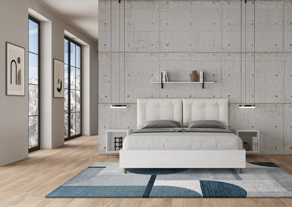 Letto 160x210 matrimoniale contenitore design trapuntato con testiera imbottita e bottoni bianco LIT432