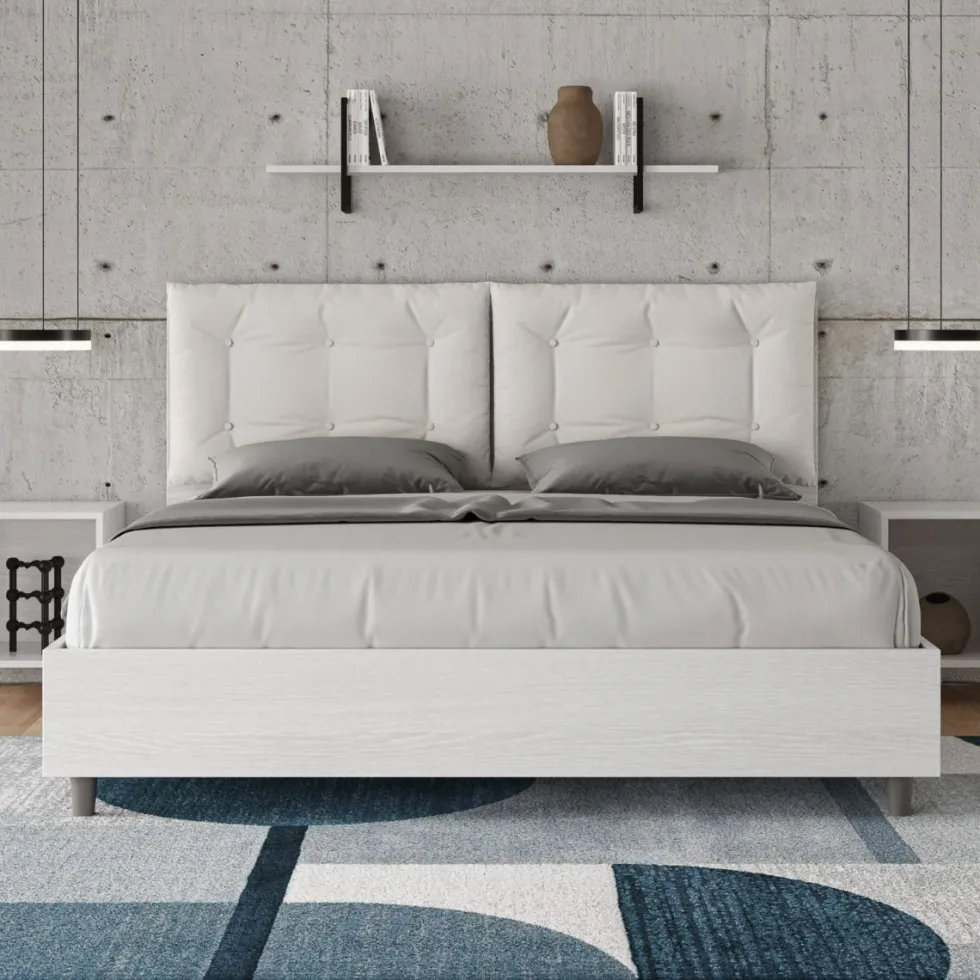Letto 160x210 matrimoniale contenitore design trapuntato con testiera imbottita e bottoni bianco LIT432