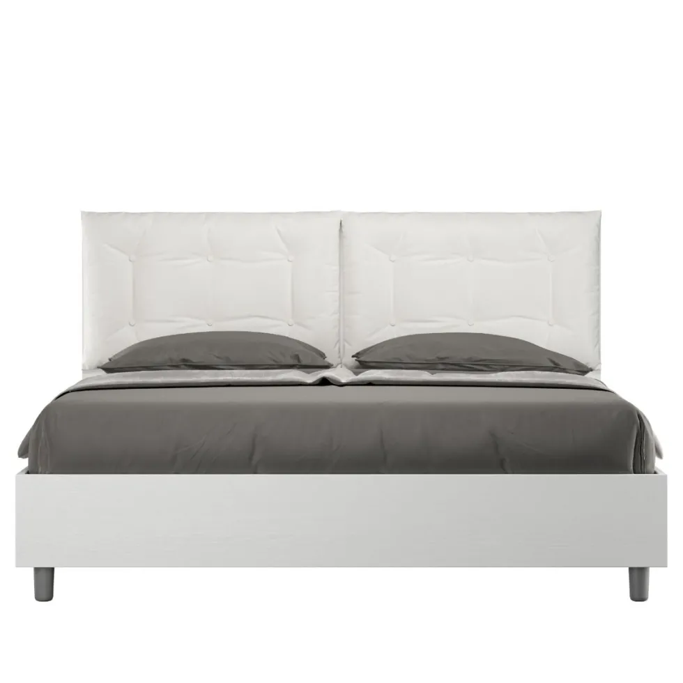 Letto 160x210 matrimoniale contenitore design trapuntato con testiera imbottita e bottoni bianco LIT432