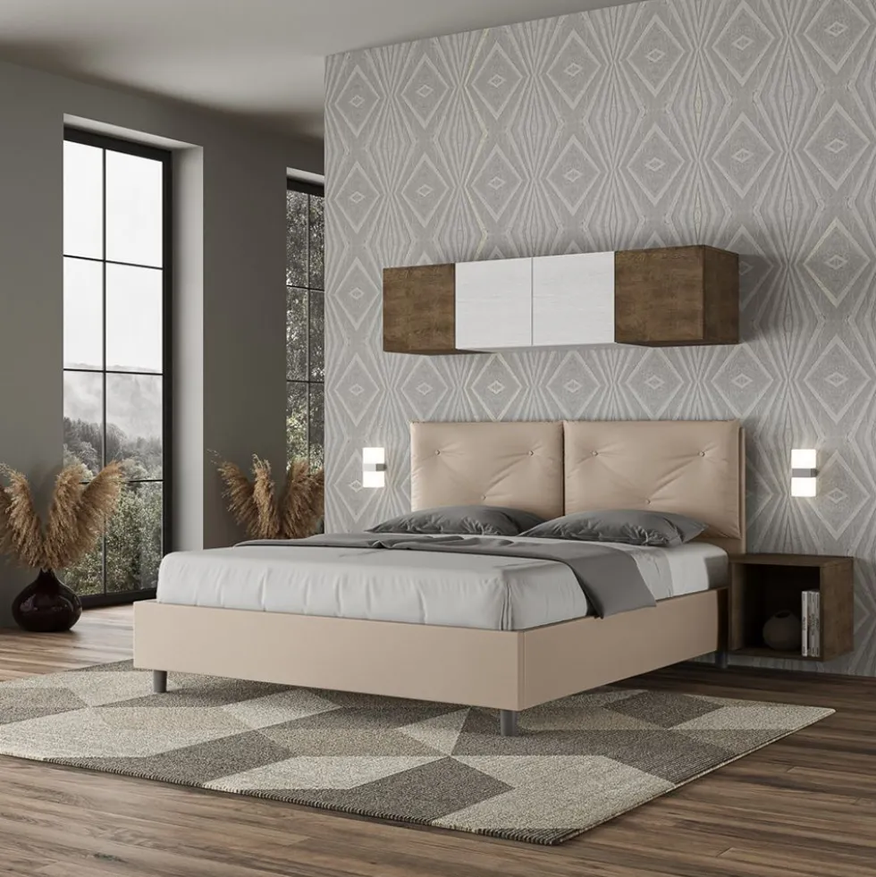 Letto 160x210 matrimoniale contenitore con testiera imbottita con tre bottoni similpelle tortora LIT442