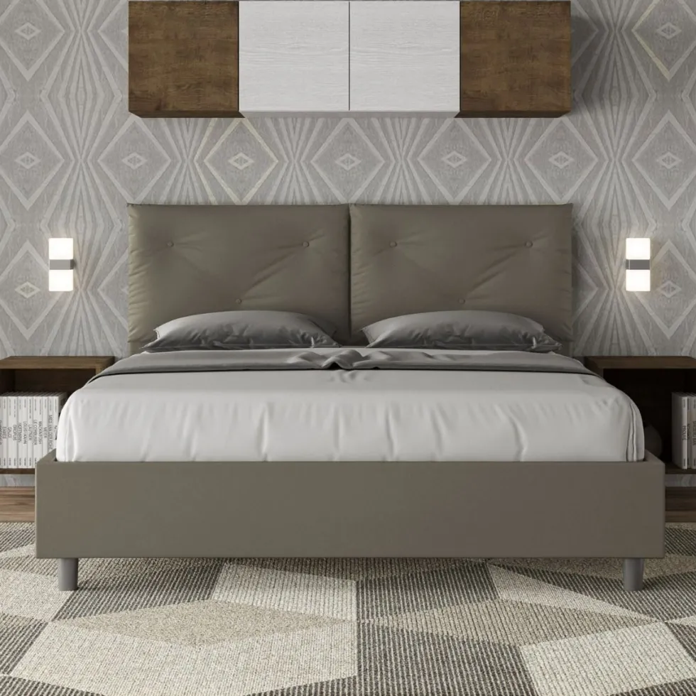 Letto 160x200 matrimoniale contenitore con testiera imbottita con tre bottoni similpelle cappuccino LIT438