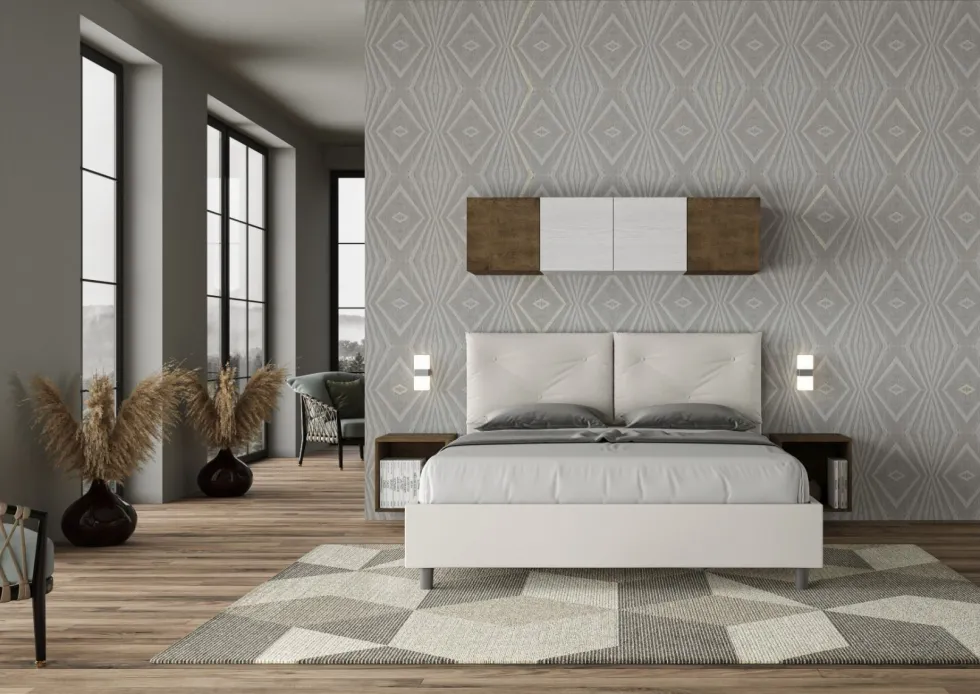 Letto 160x200 matrimoniale contenitore con testiera imbottita con tre bottoni similpelle bianco LIT438
