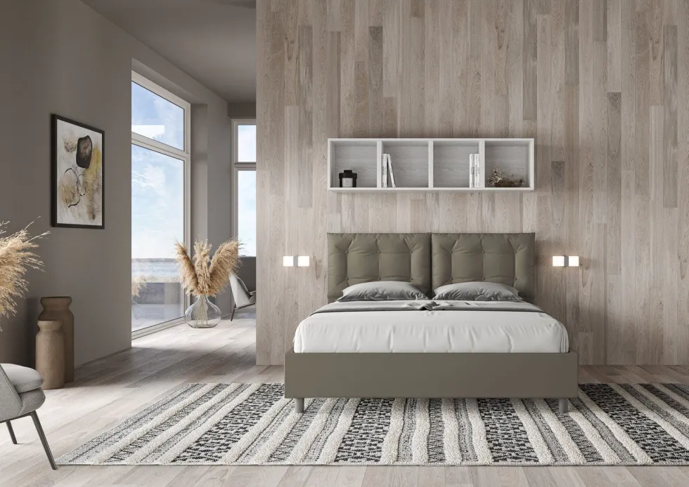 Letto 160x200 matrimoniale contenitore design trapuntato con testiera imbottita e bottoni cappuccino LIT430