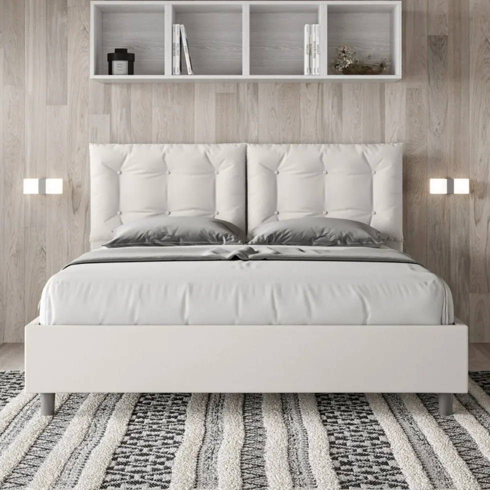Letto 160x200 matrimoniale contenitore design trapuntato con testiera imbottita e bottoni bianco LIT430