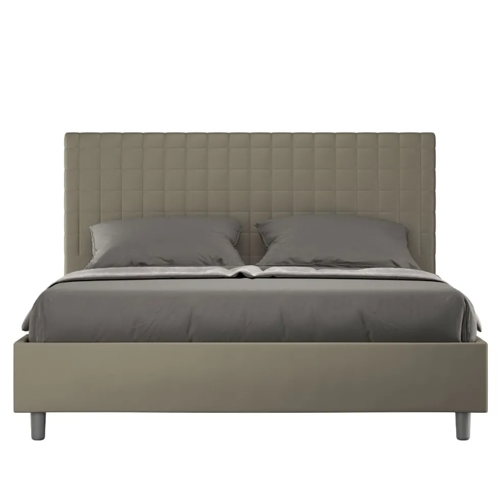 Letto 160x190 matrimoniale contenitore con testiera a quadretti in similpelle cappuccino LIT464
