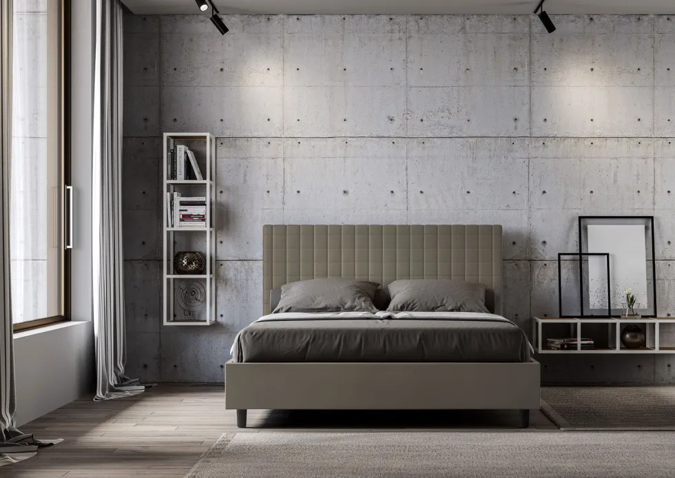 Letto 160x190 matrimoniale contenitore con testiera a quadretti in similpelle cappuccino LIT464