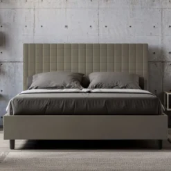 Letto 160x190 matrimoniale contenitore con testiera a quadretti in similpelle cappuccino LIT464